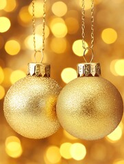 Golden Christmas Ball Ornaments Hanging Against Bokeh Background in Festive Holiday Decor :...