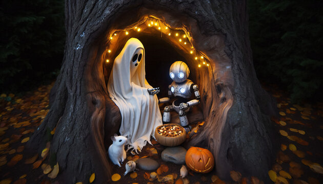 Halloween hollow tree refuge - Ghost and robot treating animals