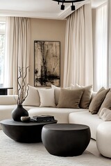 Fototapeta premium Modern Minimalist Living Room Featuring Beige Sofas and Dark Wood Coffee Tables : Generative AI