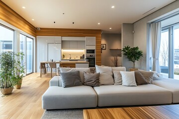 Fototapeta premium Modern Open Concept Living Room with Natural Light and Stylish Decor : Generative AI