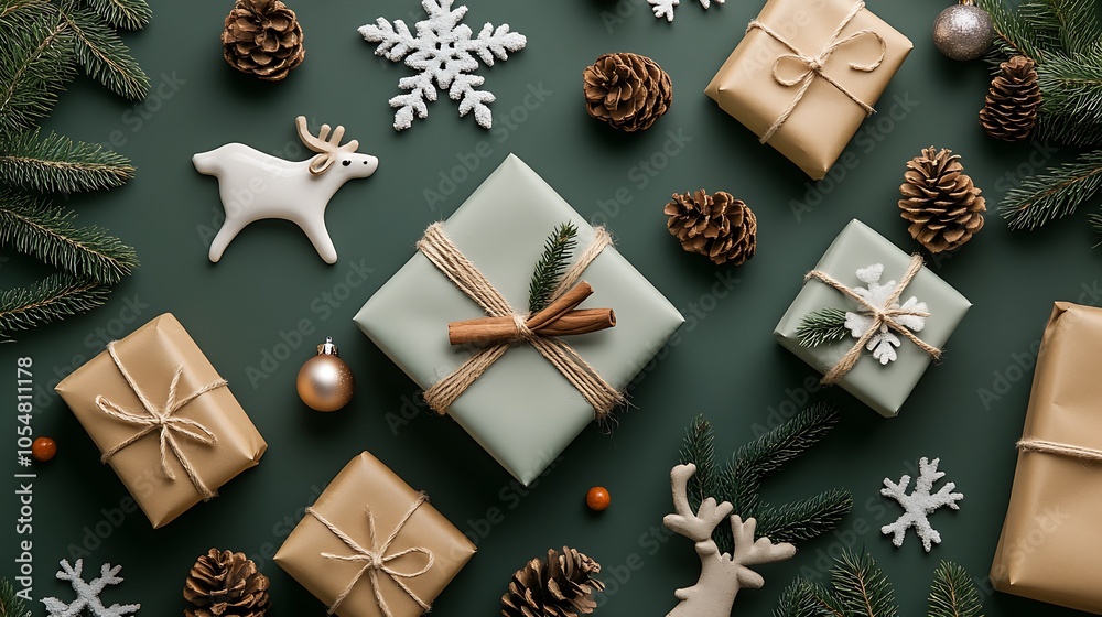 Poster Assorted Rustic Christmas Gift Boxes with Pine Cones and Evergreen Decorations on Dark Green Table : Generative AI