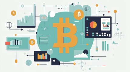 Bitcoin vector illustration, featuring a large Bitcoin symbol surrounded by digital elements, flat design