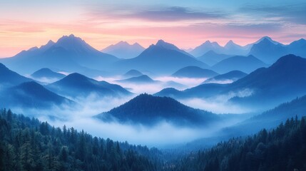 Serene mountain landscape at dawn with mist and soft colors.