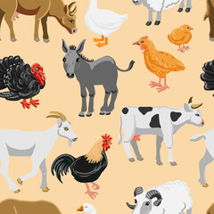 vector drawing seamless pattern with farm animals and birds, livestock and poultry at green background, hand drawn illustration