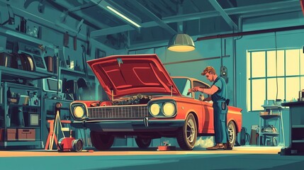 Naklejka premium Cartoon car repair scene, with a mechanic working under the hood, bright vector illustration