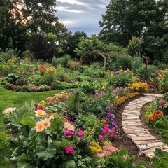 Naklejka premium Garden with mixed flower and vegetable beds