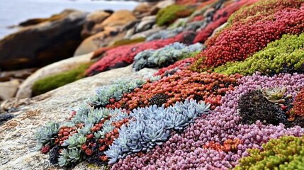 Fototapeta premium Vivid Coastal Succulent Plants on Rocky Shoreline in Full Bloom Creating a Vibrant Coastal Landscape : Generative AI