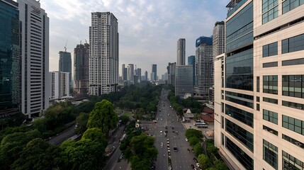 Obraz premium Urban Skyscraper Aerial View of Jakarta Cityscape with Greenery and Busy Streets Under Blue Sky : Generative AI