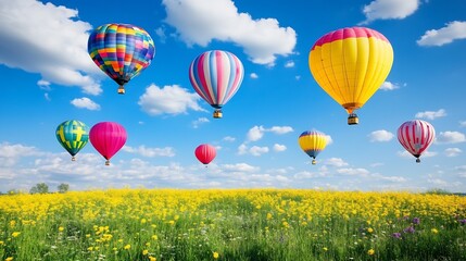 Naklejka premium Colorful Hot Air Balloons Flying Over Blossoming Sunflower Field : Generative AI