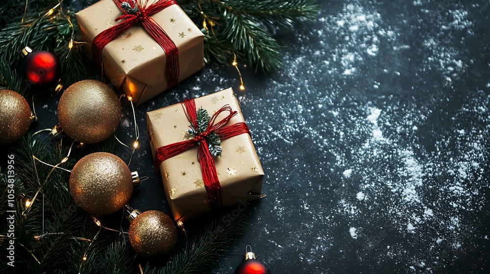 Aufkleber Rustic Christmas Present Boxes with Baubles on Dark Snowy Background : Generative AI