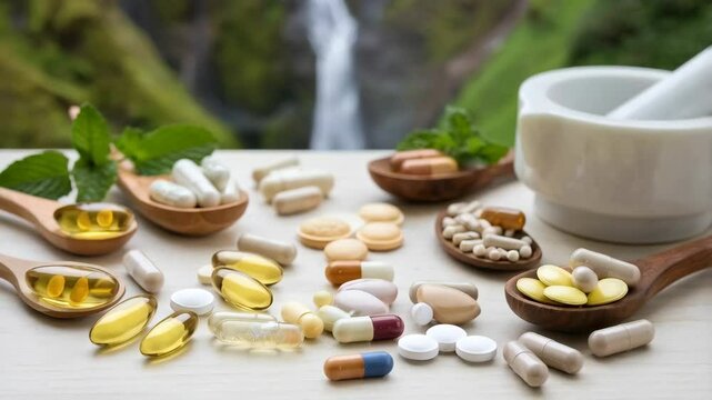 A collection of various dietary supplements and herbal remedies on a wooden surface.