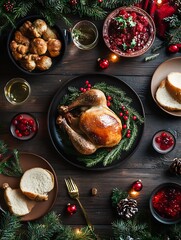Traditional Christmas Dinner Spread with Whole Roast Turkey and Seasonal Side Dishes : Generative AI