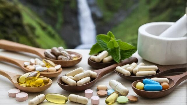 A variety of dietary supplements displayed on wooden spoons with a natural backdrop.