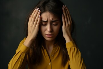 A young woman in a yellow shirt touches her forehead, expressing sadness and fatigue in a dimly lit room