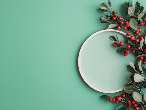 Abstract geometric mistletoe design in pastel tones, Scandinavian-inspired minimalist holiday decor, geometric mistletoe, minimalist Xmas, Nordic elegance, copy space for text