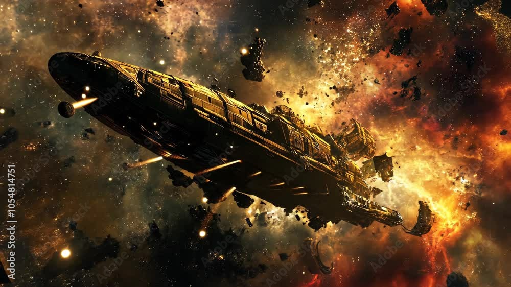 Wall mural a large spaceship flies through space, dodging a field of asteroids and debris