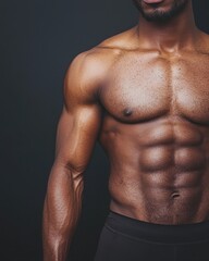 Fototapeta premium Muscular male torso showing defined abs against a dark background.