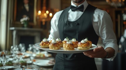 Waiter Holding Tray with Gourmet Appetizers at Party