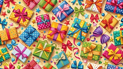 Naklejka premium A Festive Celebration of Wrapped Gifts Adorned with Ribbons, Bows, and Stars Scattered Across a Golden Background