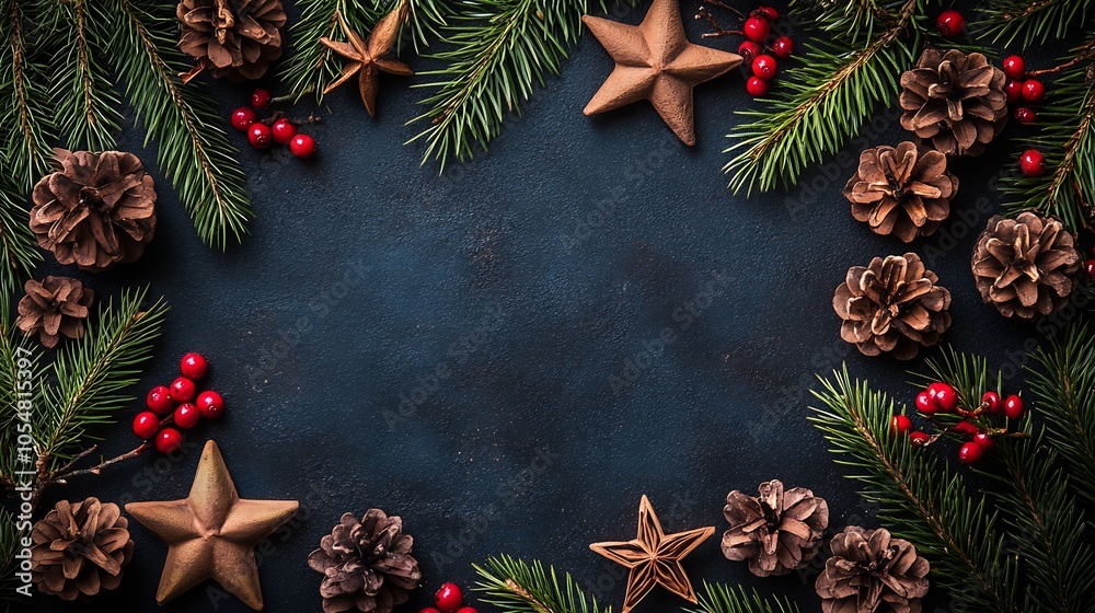 Poster Rustic Christmas Frame with Pine Cones Red Berries and Star Decorations on Dark Background : Generative AI