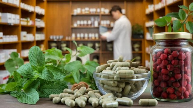 A pharmacist prepares herbal remedies with capsules and herbs in a well-stocked apothecary.