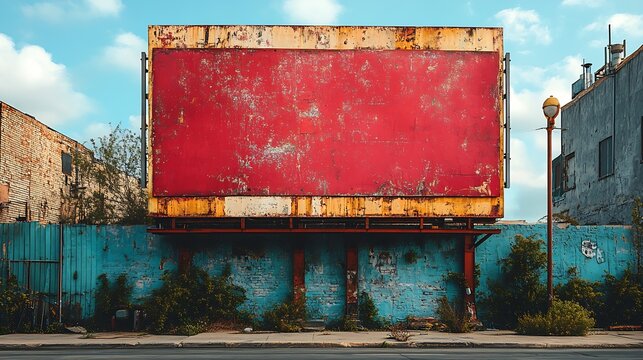 Vintage Red Weathered Billboard in Abandoned Urban Area Nostalgic Advertisement : Generative AI