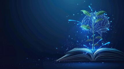 Knowledge Growth: A Brain-Shaped Plant Sprouting From an Open Book