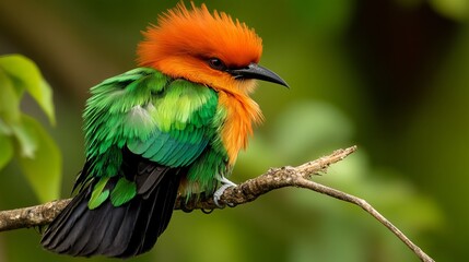 A vibrant green and orange bird perches on a branch, its bright feathers contrasting with the lush green foliage.