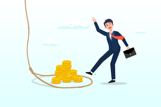 Greed businessman try to step into tricky rope trap to get money banknotes bundle, money trap to trick greed people, danger fraud or threat to attack victim, financial or investment problem concept
