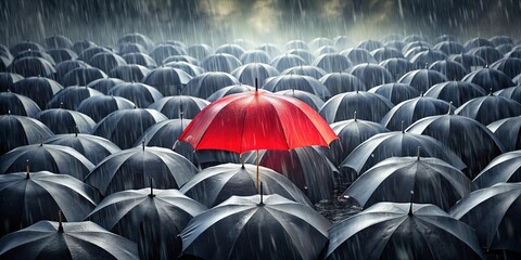 Fototapeta premium A Single Red Umbrella Stands Out Amongst a Sea of Black Umbrellas in a Rainstorm