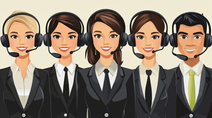 Customer support team vector, working collaboratively, wearing headsets, clean office background