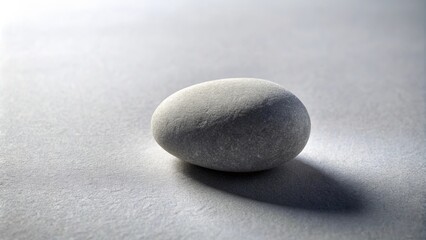 A smooth, grey stone with subtle texture rests on a light, textured surface, casting a soft shadow. The interplay of light and shadow creates a sense of serenity and tranquility.