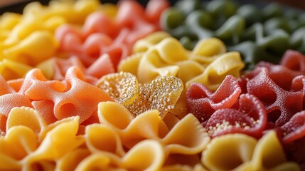 A vibrant assortment of colorful pasta shapes arranged artistically.