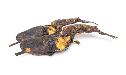 Simple fish menu. Delicious Thai street food that is available everywhere. Two Grilled catfish with bamboo skewers isolated on white background.