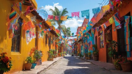 Fototapeta premium Festive Mexican Village Street with Colorful Buildings, Decorations, and Palm Trees Against a Blue Sky Background.
