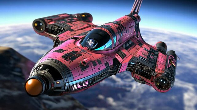 pink spaceship floating in deep space with Earth planet as background