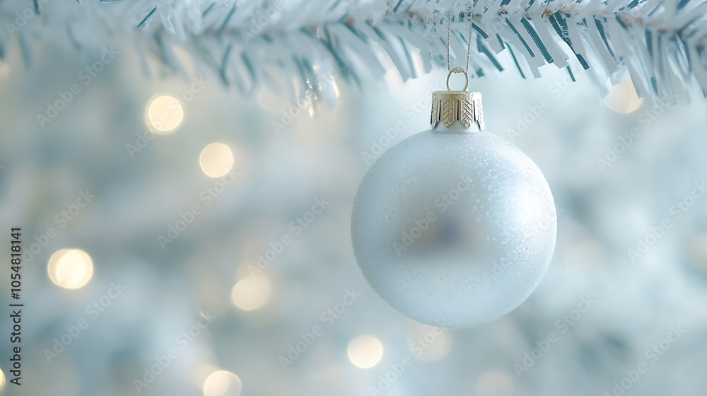 Aufkleber elegant silver christmas ornament on snowy branch with bokeh lights in soft focus : generative ai
