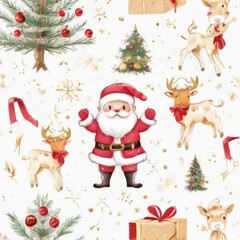 Cheerful Santa Claus Cartoon Illustration on a White Background with Christmas Decorations in a Seamless Pattern