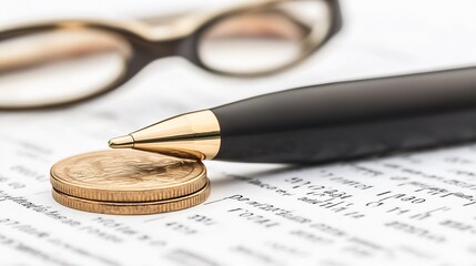 Pen on Financial Document with Coins Emphasizing Analysis and Economic Strategy : Generative AI
