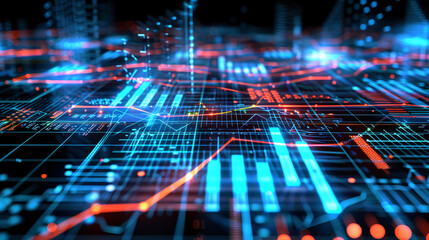 Fototapeta premium Close-up of a glowing digital network with financial data charts and graphs, representing technology, analytics, and data visualization in finance