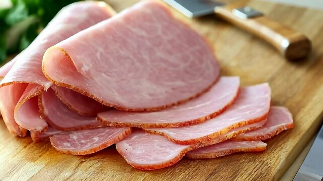 Thinly sliced ham is ready to be served on a wooden cutting board