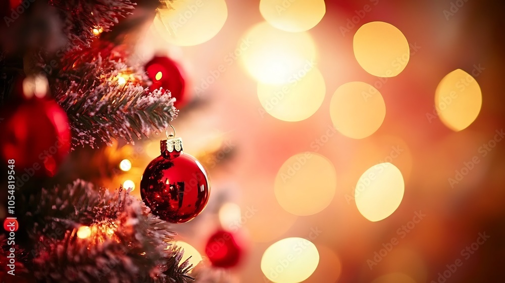 Poster Vibrant Christmas Tree with Glowing Red Ornaments and Bokeh Light Background : Generative AI