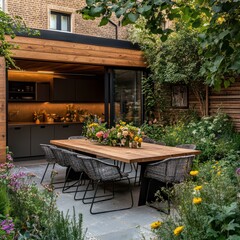 Fototapeta premium Garden with outdoor dining area