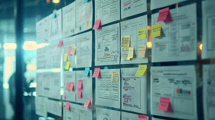 Fototapeta premium Close-up of a planning board covered in documents, charts, and sticky notes, symbolizing brainstorming, strategy, and project management in a modern office