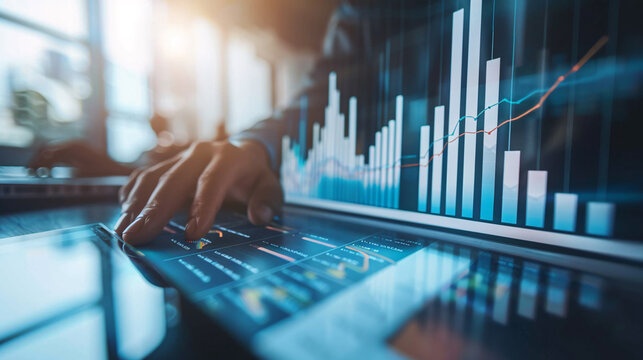 Close-up of a hand interacting with a digital screen displaying financial bar charts and line graphs, symbolizing data analysis and business insights