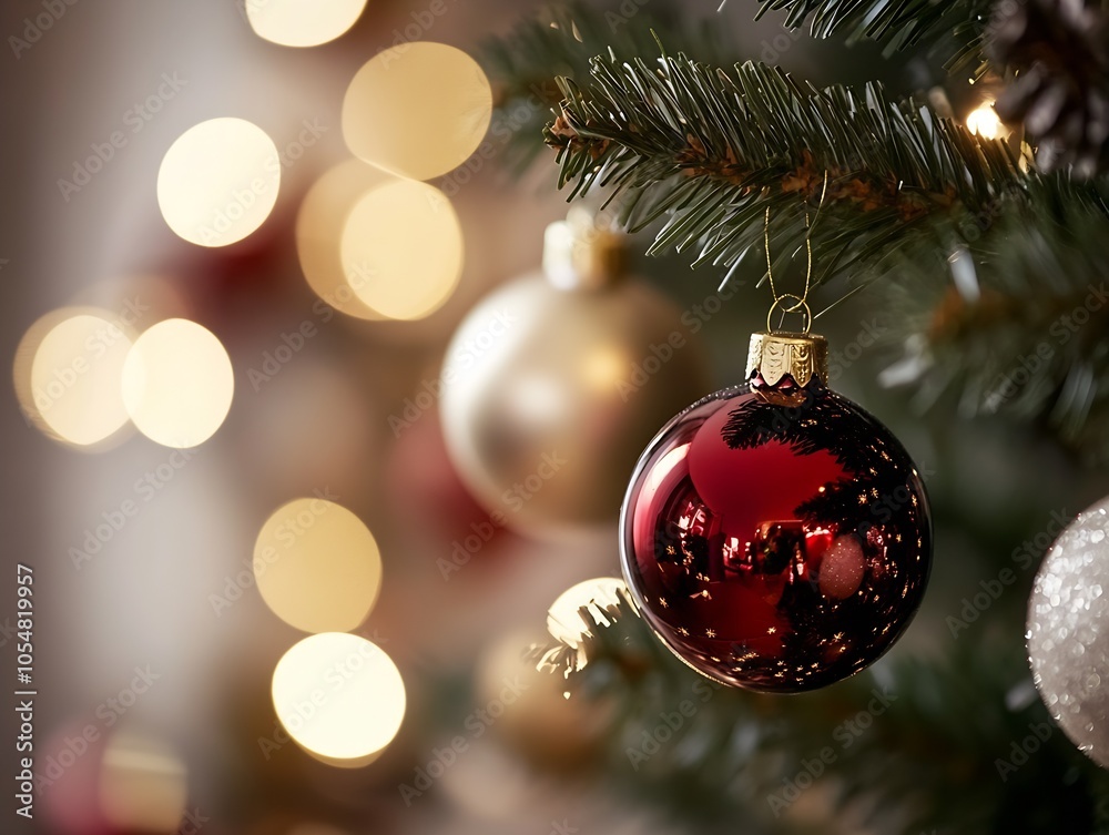 Aufkleber festive christmas tree with red and gold ornaments and warm bokeh background : generative ai