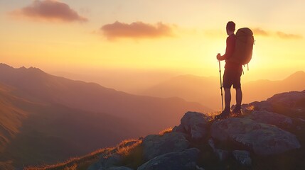Obraz premium Silhouette of a hiker with a backpack gazing at a breathtaking mountain sunset : Generative AI