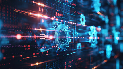 Fototapeta premium High-tech digital interface featuring gears and data streams, representing concepts of automation, engineering, and technological innovation in a cyber environment