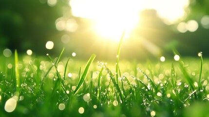 Obraz premium Refreshing Morning Dew on Lush Green Grass with Sunlight Bokeh Effect : Generative AI