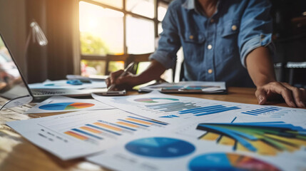 Fototapeta premium Person working with financial charts and graphs in a bright office setting, symbolizing data analysis, business strategy, and financial planning